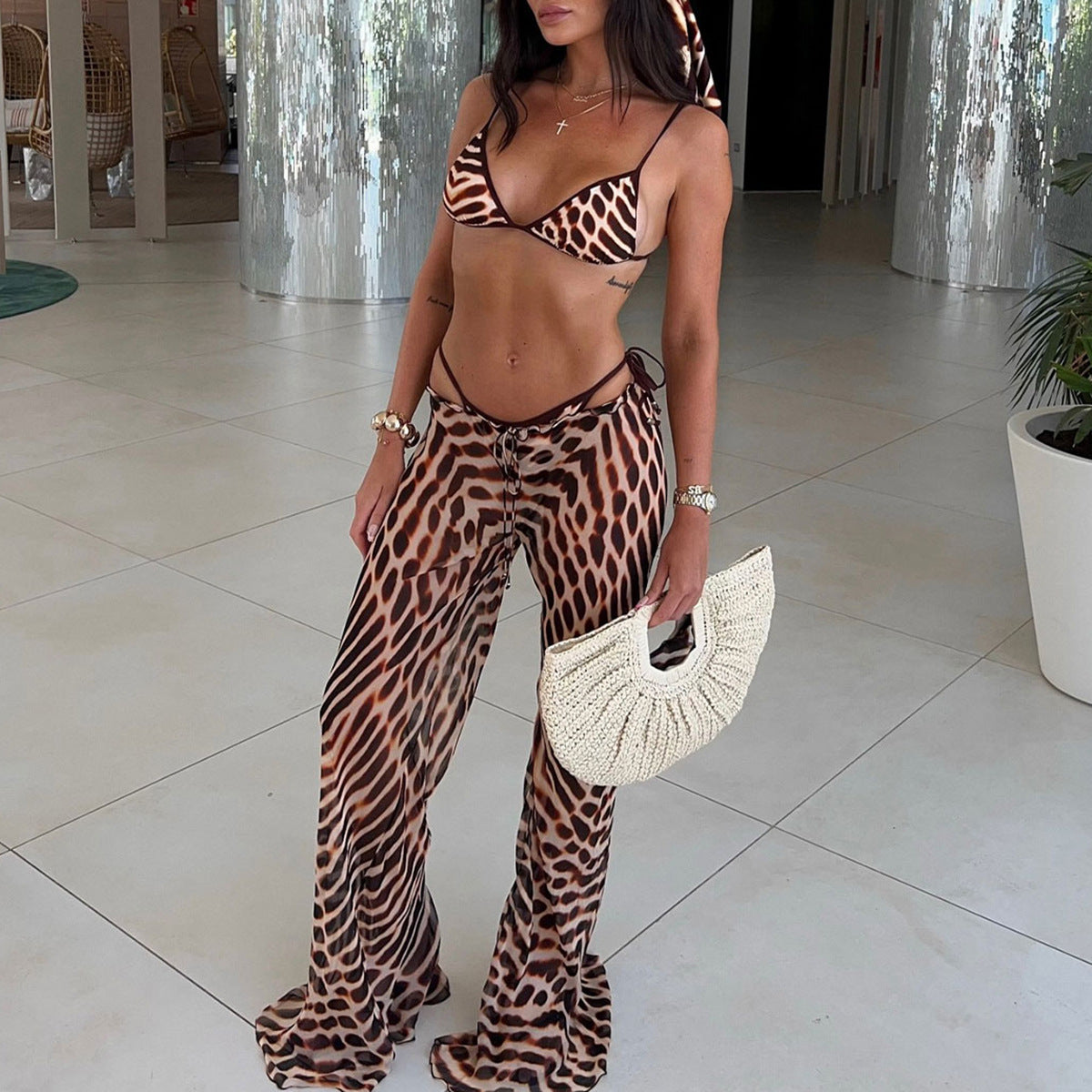 Three Point one-piece swimwear set with leopard-print bikini top and wide-leg pants