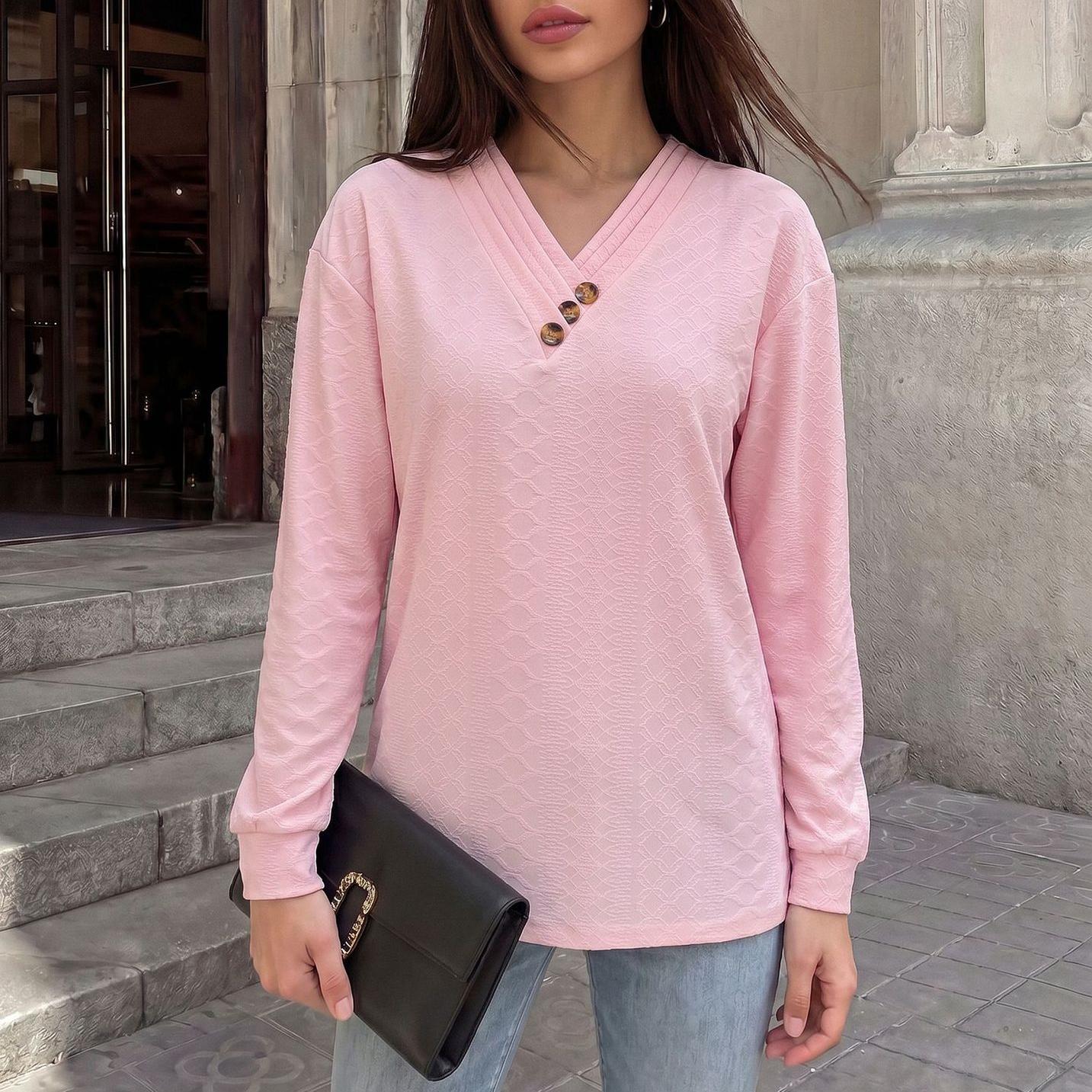 Autumn Winter Solid Color V neck Fastener Decoration Loose