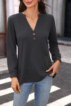 Autumn Winter Solid Color V neck Button Waffle Loose Long