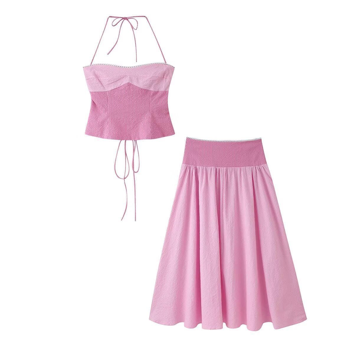 Women Clothing Summer Simple Two Color Halter Strap Contrast Color Top Mid Length Skirt Set