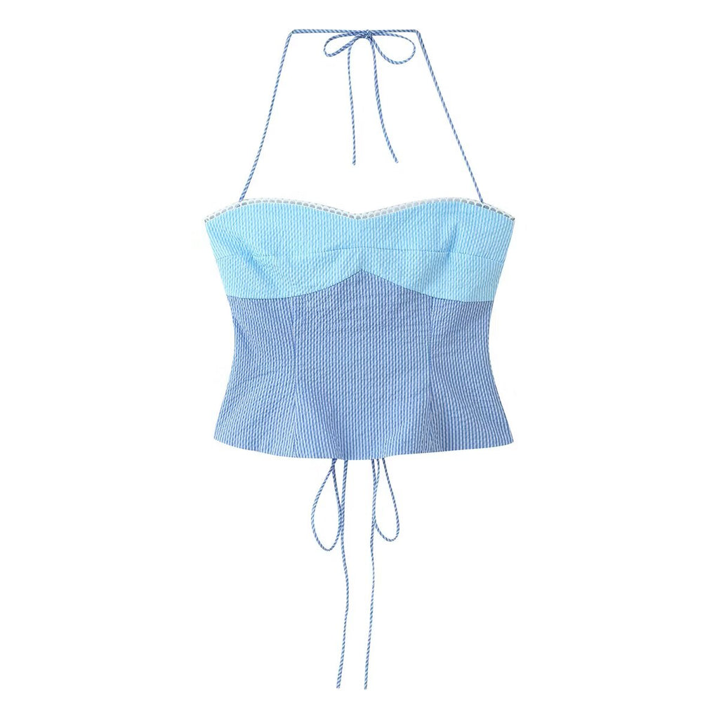 Women Clothing Summer Simple Two Color Halter Strap Contrast Color Top Mid Length Skirt Set
