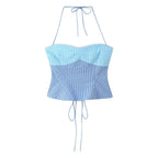 Women Clothing Summer Simple Two Color Halter Strap Contrast Color Top Mid Length Skirt Set
