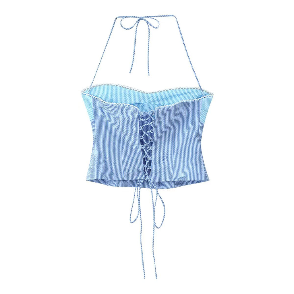 Women Clothing Summer Simple Two Color Halter Strap Contrast Color Top Mid Length Skirt Set