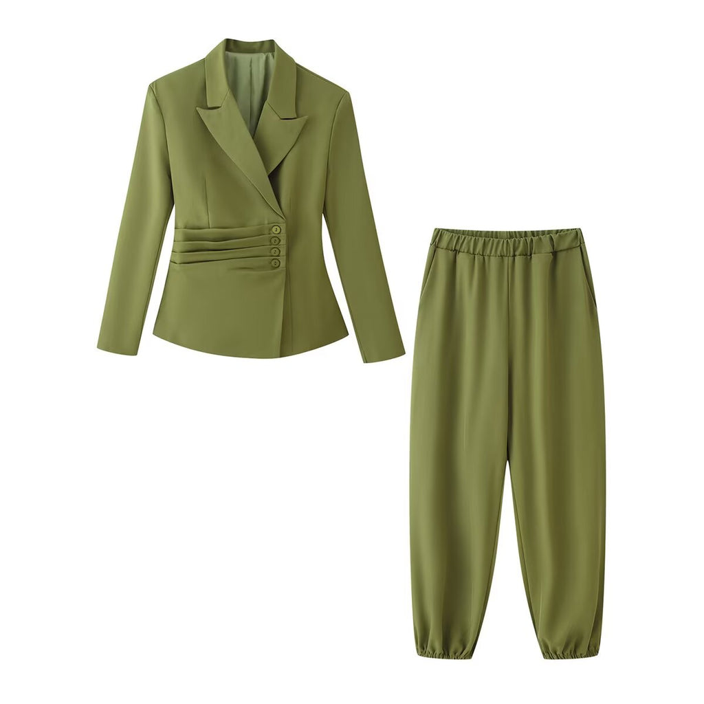 Women Clothing Summer Breasted Belt Tight Waist Blazer Elastic Waist Ankle Banded Work Pant Sets