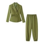 Women Clothing Summer Breasted Belt Tight Waist Blazer Elastic Waist Ankle Banded Work Pant Sets