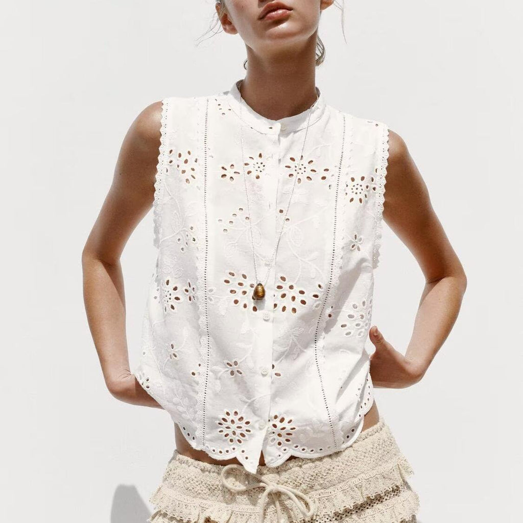 Summer Casual Sleeveless Hollow Out Cutout Embroidered Shirt