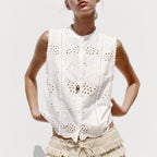 Summer Casual Sleeveless Hollow Out Cutout Embroidered Shirt