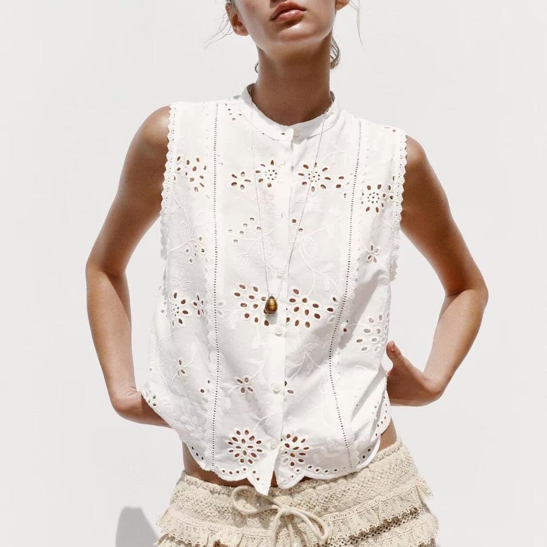 Summer Casual Sleeveless Hollow Out Cutout Embroidered Shirt