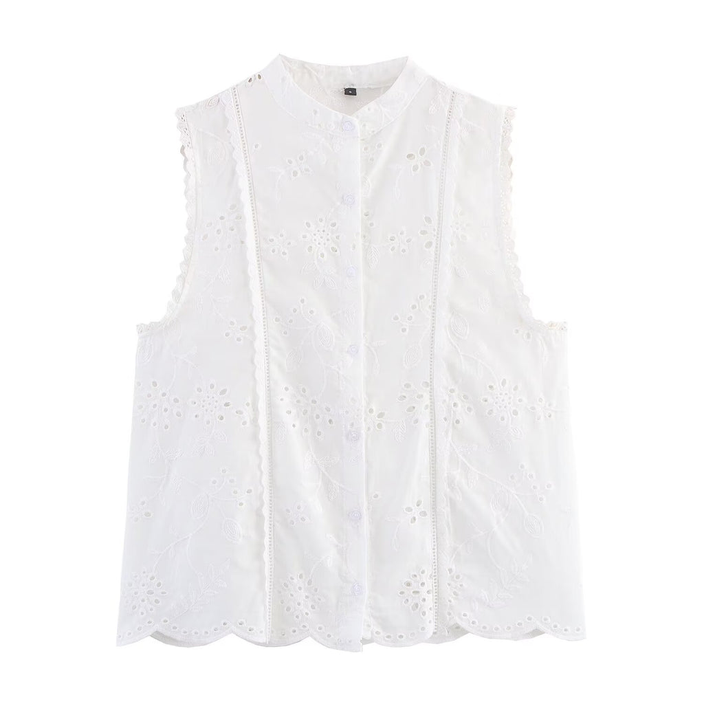 Summer Casual Sleeveless Hollow Out Cutout Embroidered Shirt