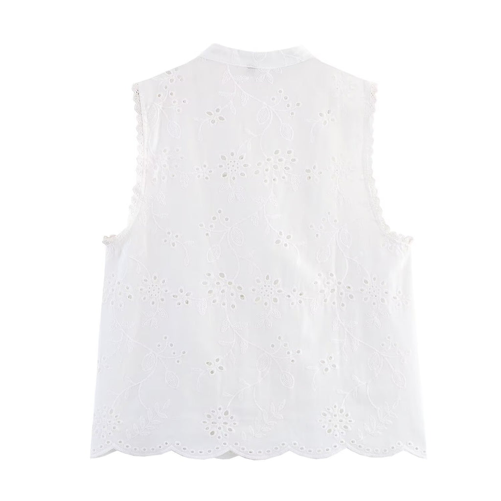 Summer Casual Sleeveless Hollow Out Cutout Embroidered Shirt