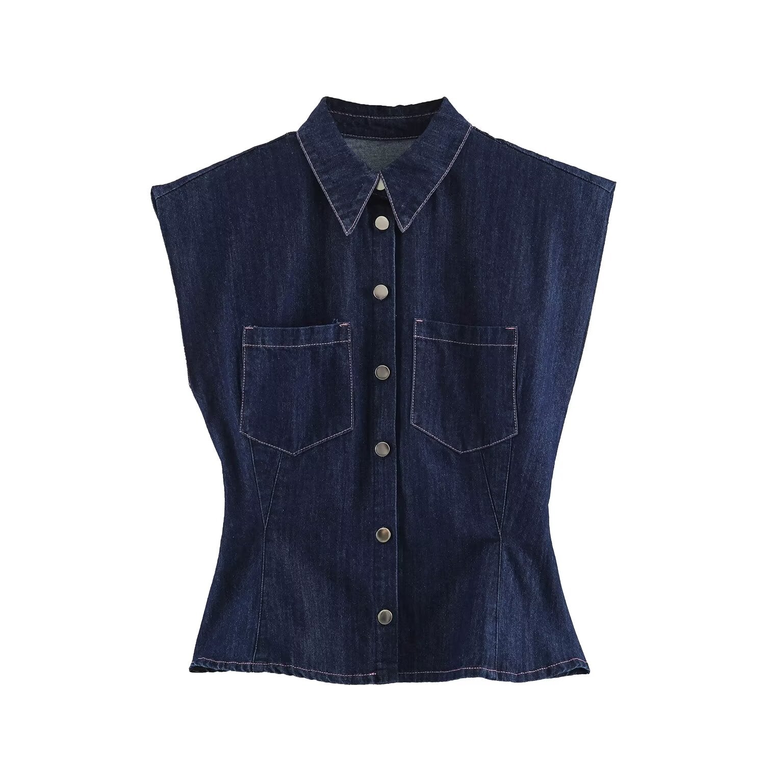 Summer Collared Neck SL Defined Waist Denim Shirt HWed
