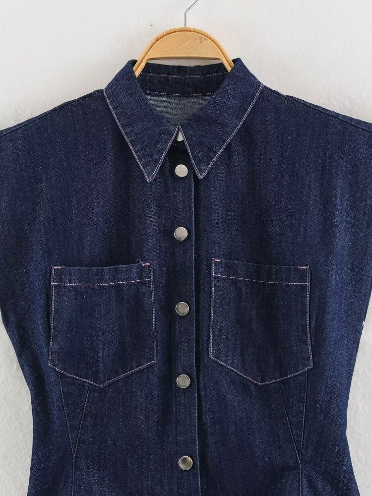 Summer Collared Neck SL Defined Waist Denim Shirt HWed