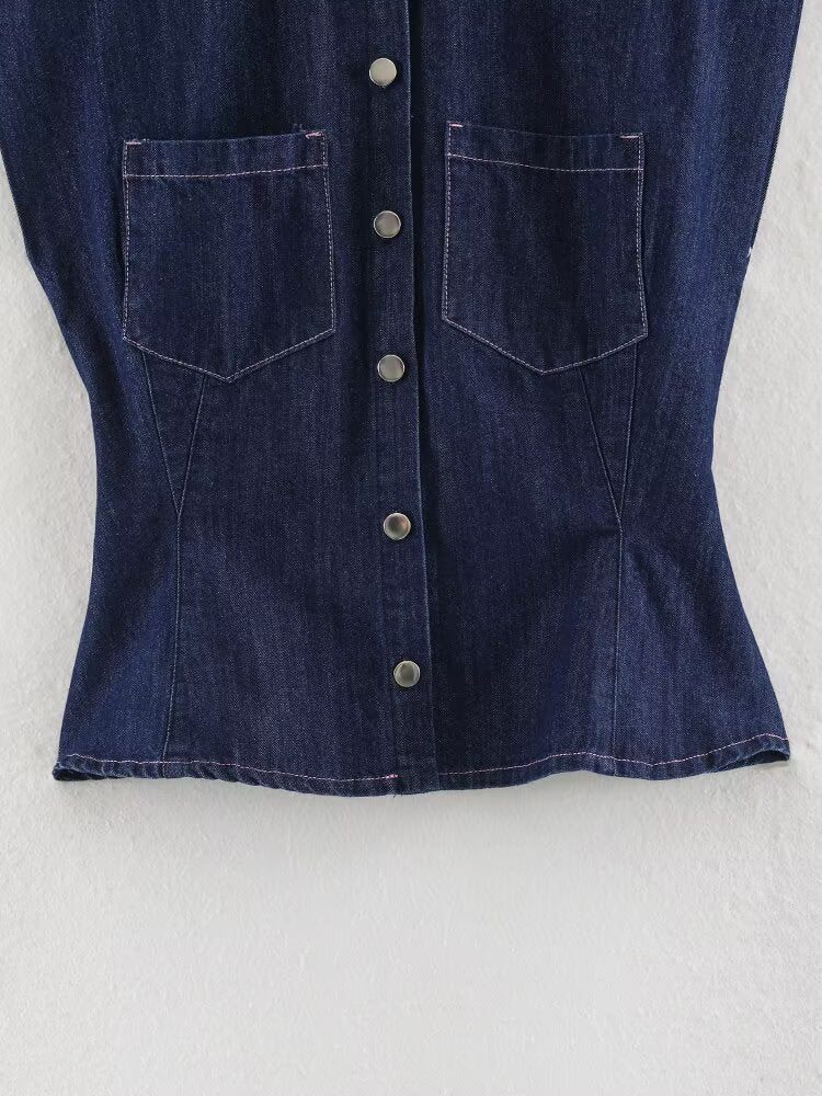 Summer Collared Neck SL Defined Waist Denim Shirt HWed