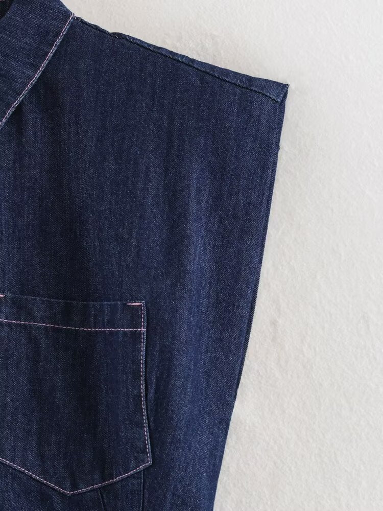 Summer Collared Neck SL Defined Waist Denim Shirt HWed