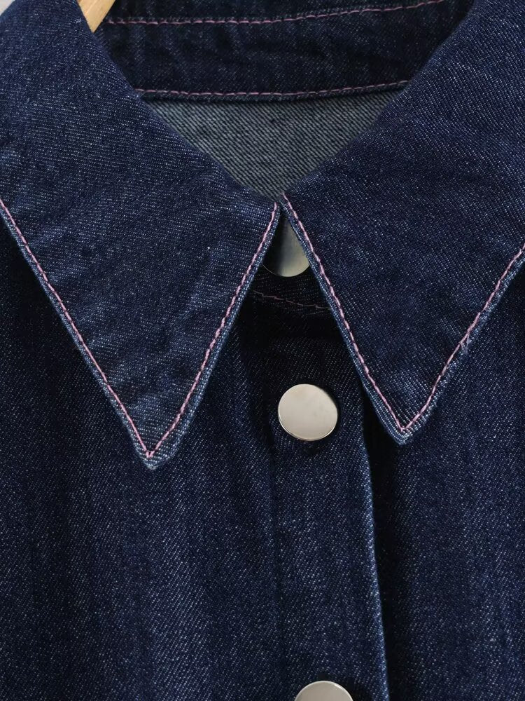 Summer Collared Neck SL Defined Waist Denim Shirt HWed