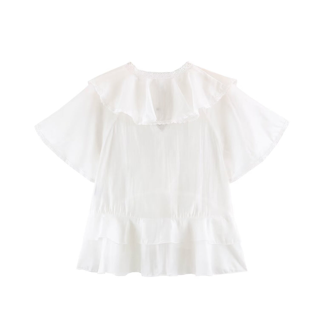 Women Clothing Summer Lace V neck Patchwork Ruffled French