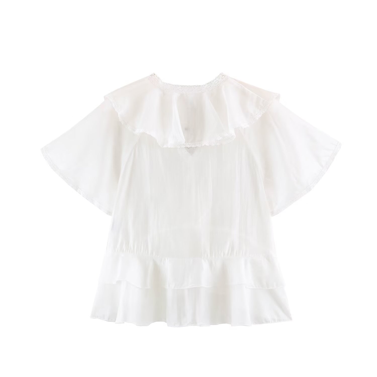 Women Clothing Summer Lace V neck Patchwork Ruffled French