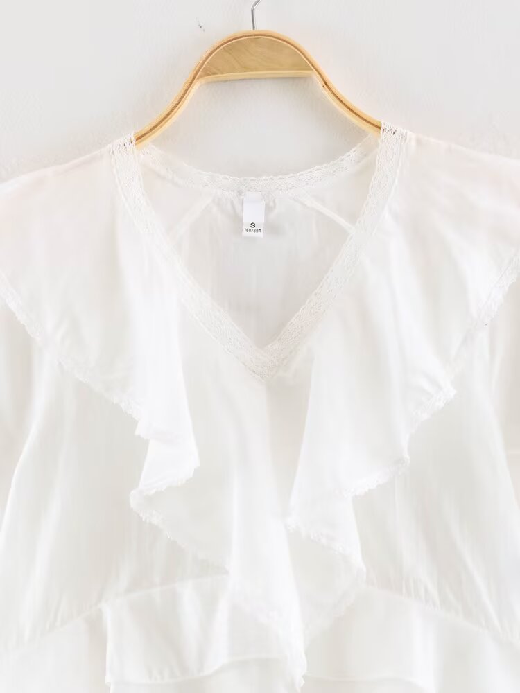 Women Clothing Summer Lace V neck Patchwork Ruffled French