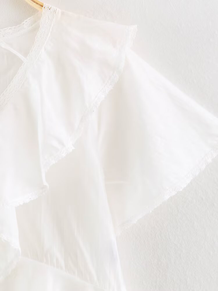 Women Clothing Summer Lace V neck Patchwork Ruffled French