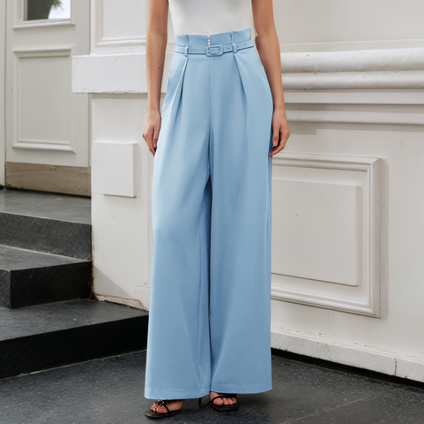 High Sense Straight Leg Pants Office Casual High Waist with Belt Design Embellished Slimming Fabric Ladies Straight Leg Pants