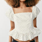 Polka Dot Printed Hollow Out CO Embroidered Short Sleeved