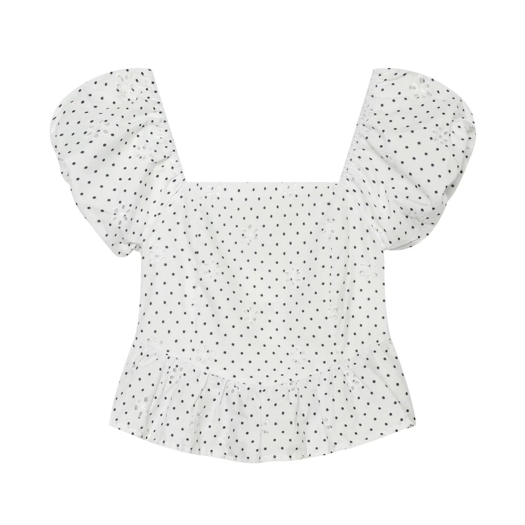 Polka Dot Printed Hollow Out CO Embroidered Short Sleeved