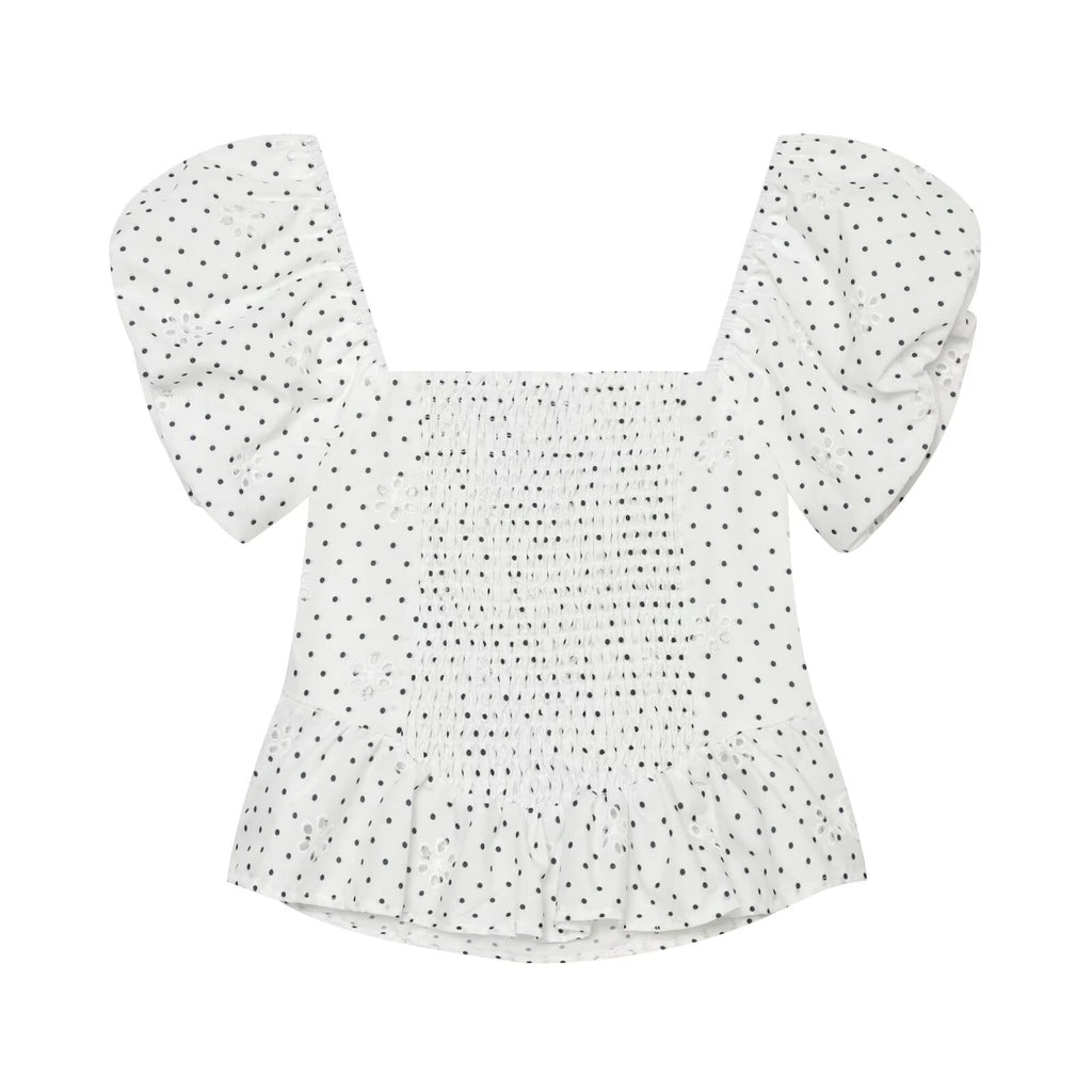 Polka Dot Printed Hollow Out CO Embroidered Short Sleeved