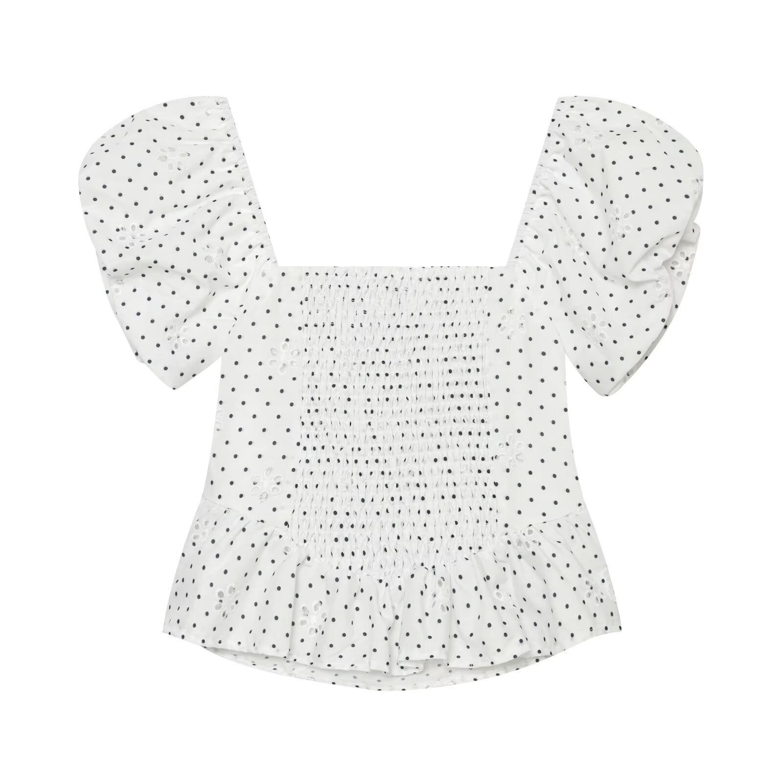 Polka Dot Printed Hollow Out CO Embroidered Short Sleeved