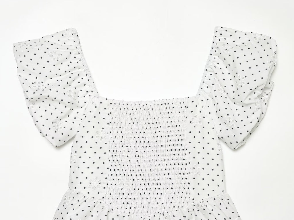 Polka Dot Printed Hollow Out CO Embroidered Short Sleeved