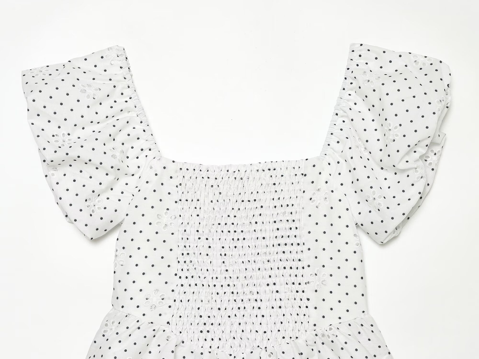 Polka Dot Printed Hollow Out CO Embroidered Short Sleeved