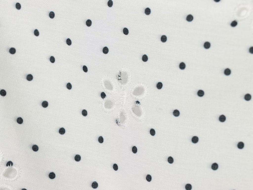 Polka Dot Printed Hollow Out CO Embroidered Short Sleeved