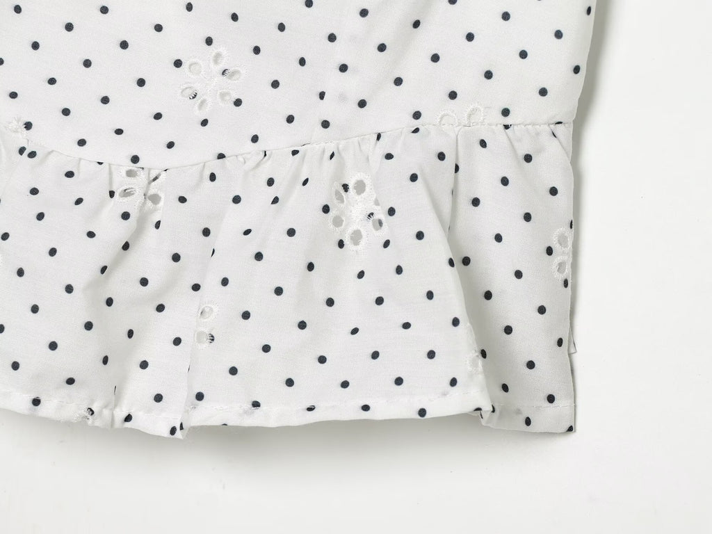 Polka Dot Printed Hollow Out CO Embroidered Short Sleeved