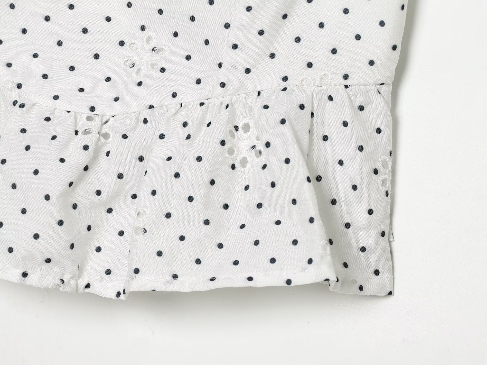 Polka Dot Printed Hollow Out CO Embroidered Short Sleeved