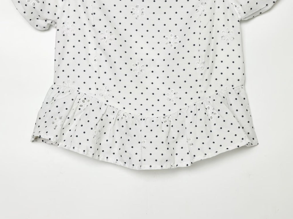 Polka Dot Printed Hollow Out CO Embroidered Short Sleeved