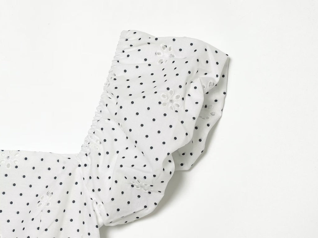 Polka Dot Printed Hollow Out CO Embroidered Short Sleeved