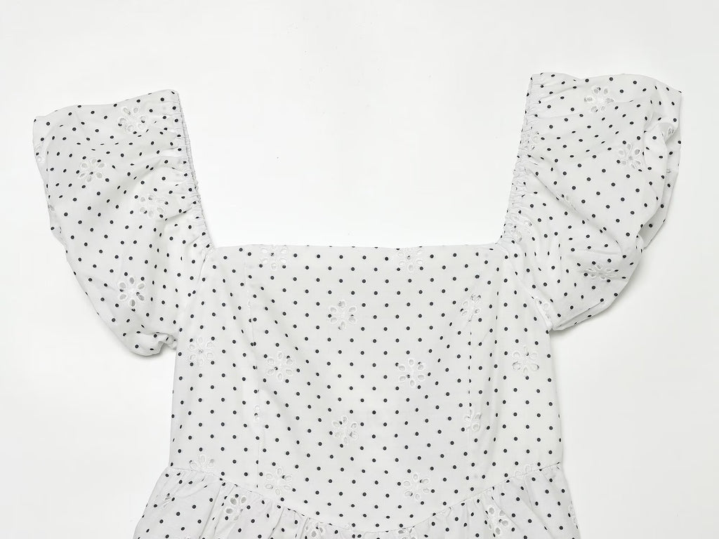 Polka Dot Printed Hollow Out CO Embroidered Short Sleeved
