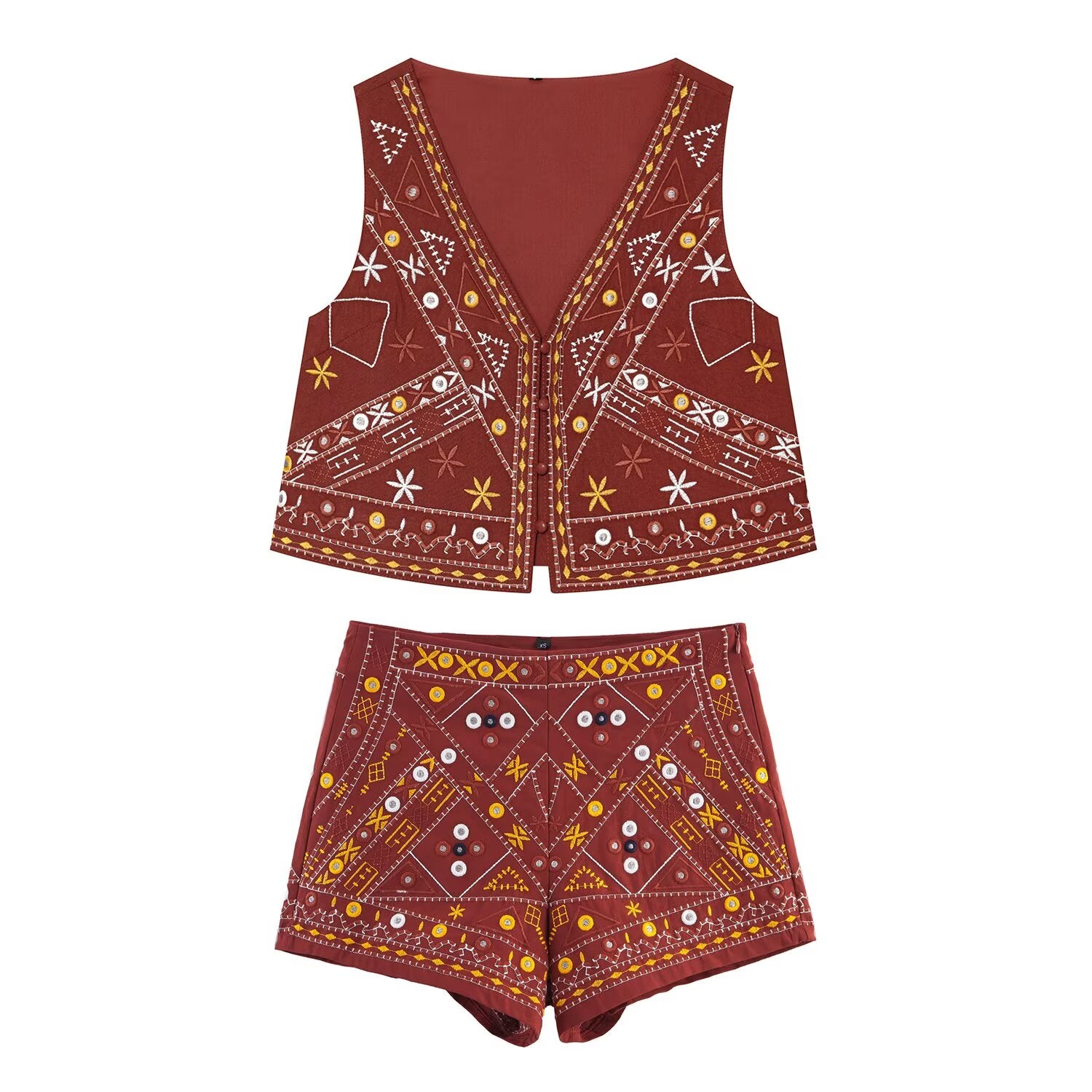 Summer Women Clothing Mirror Surface Result Embroidered Vest Shorts Sets