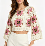 Women Summer Openwork Crochet Floral Color Block Short Knit Cardigan Top