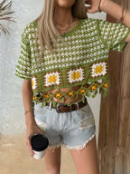 Women Summer Crochet Lace Hollow Tassel Knit Contrast Color