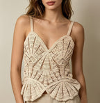Women Summer Hook Patterned Openwork Solid Color Halter Top