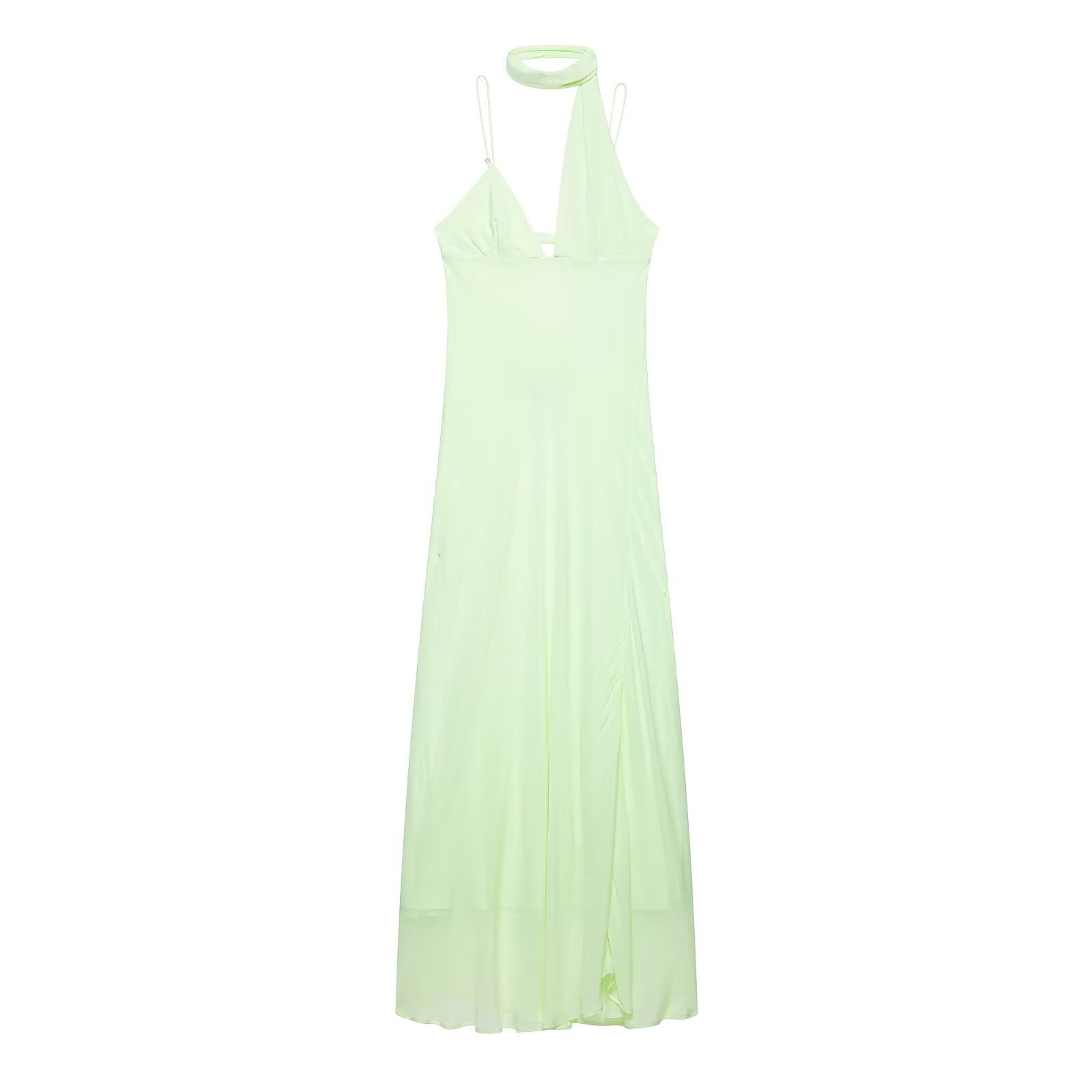 Light green sleeveless maxi dress with halter straps and V neckline