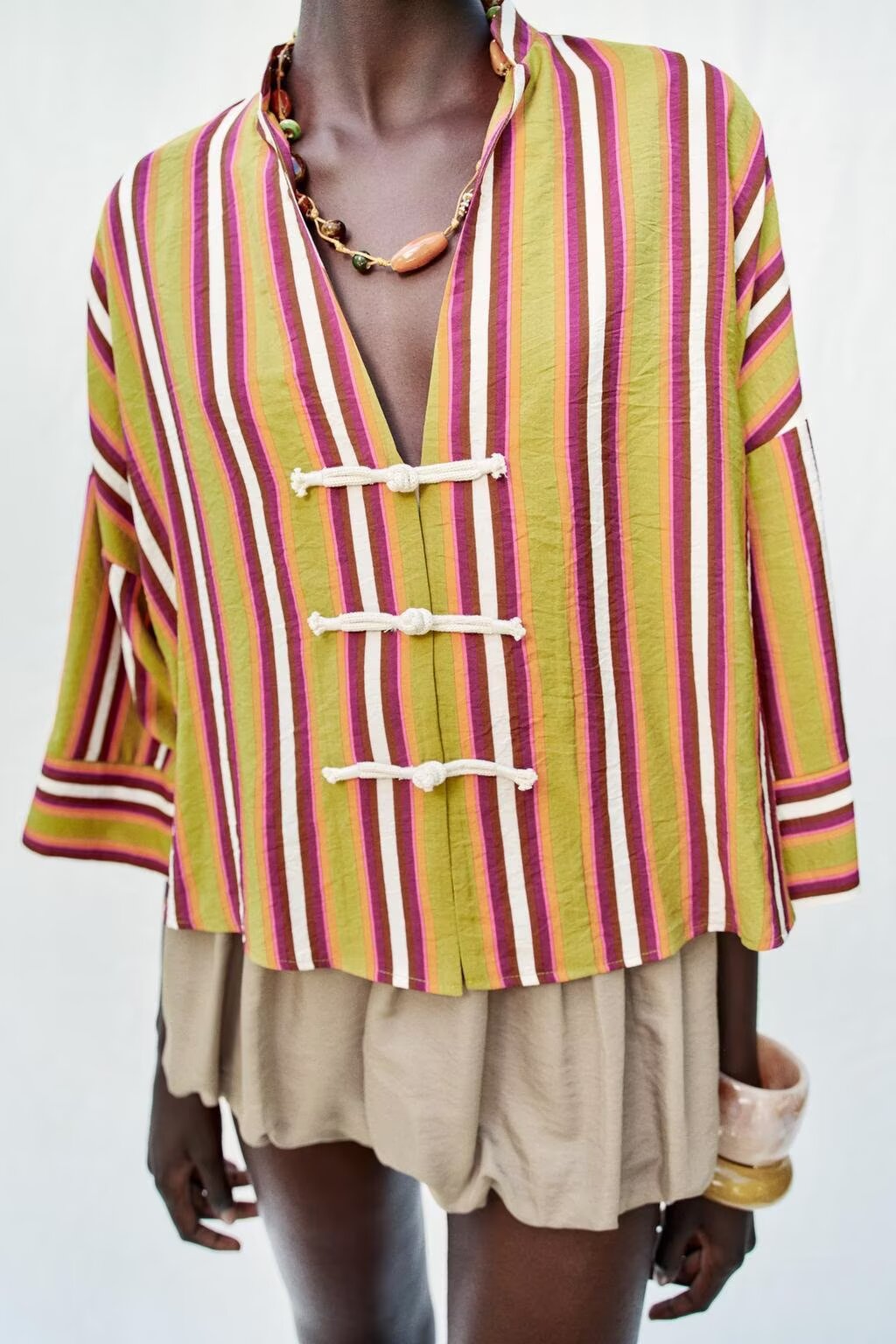 Women Simple Casual round Neck V neck Wide Sleeve Striped