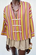 Women Simple Casual round Neck V neck Wide Sleeve Striped