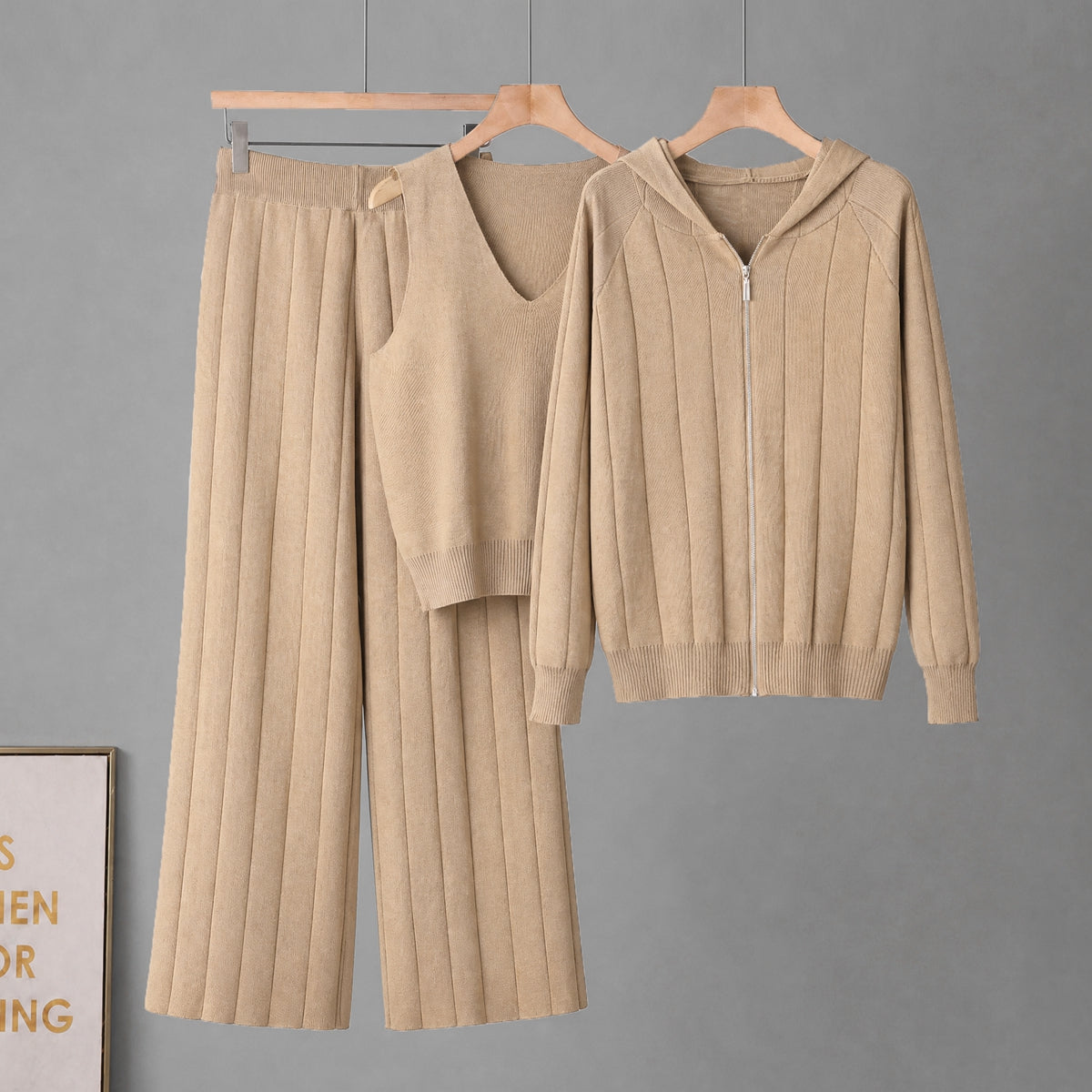 Women Knitted Fall Winter Coat Halter Top High Waisted Wide Leg Pants Three Piece Sets