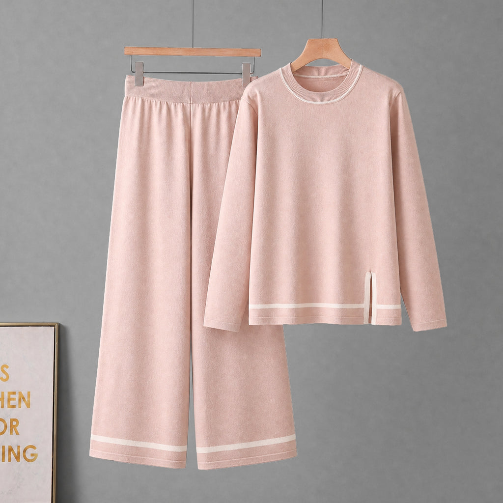 Women Fall Winter Round Neck Contrasting Color Wide Leg Pants And Knitted Top Two Piece Sets