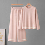 Women Fall Winter Round Neck Contrasting Color Wide Leg Pants And Knitted Top Two Piece Sets