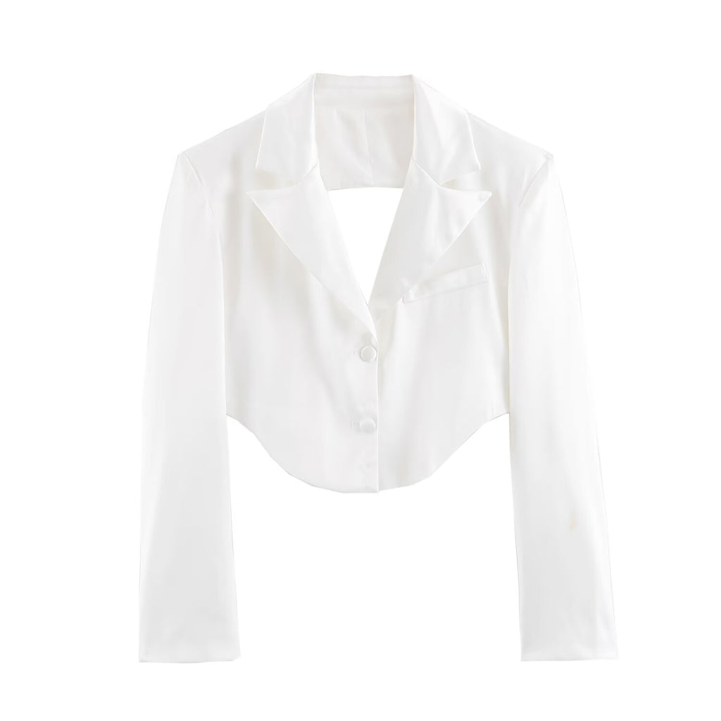 Women Clothing Simple Elegant White Slim Fit Backless Silk Satin Texture Short Blazer