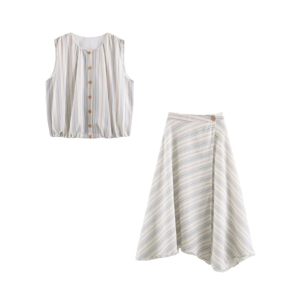 Women Clothing Office All Matching Striped Sleeveless Shirt Skirt Sets