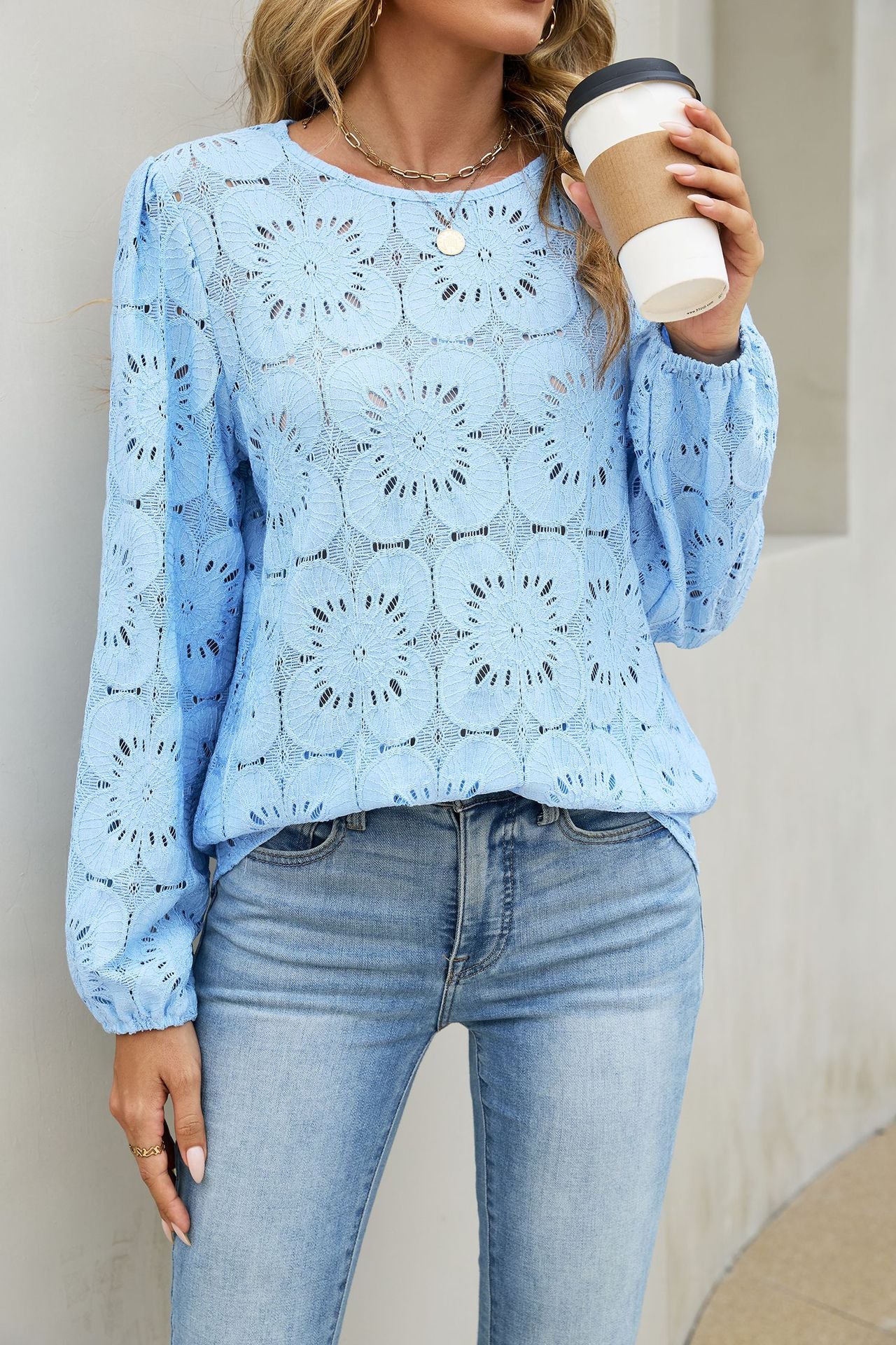 Autumn Winter Solid Color round Neck Lace Long Sleeved