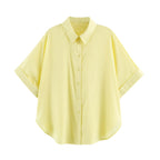 Summer Wind Women Solid Color Drape Short Sleeve Shirt